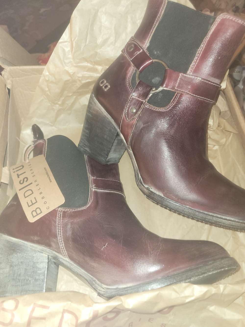 Bed Stu DARK SCARLETT Leather Ring-Accent Ankle Booties WITH ELASTIC PANELS.